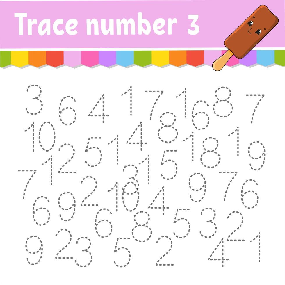 Trace number . Handwriting practice. Learning numbers for kids. Education developing worksheet. Activity page. Game for toddlers and preschoolers. Isolated vector illustration in cute cartoon style.