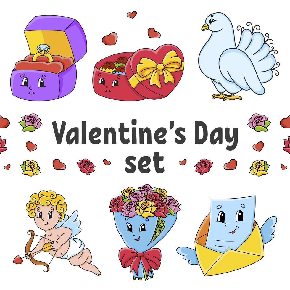 conjunto de lindos personajes de dibujos animados. clipart del día de san valentín. dibujado a mano. paquete de colores. ilustración vectorial. colección de insignias de parche. elementos de diseño de etiquetas. para planificador diario, diario, organizador. vector