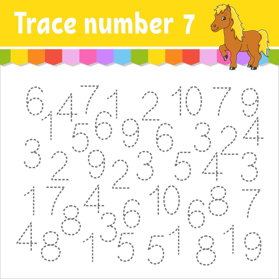 Trace number . Handwriting practice. Learning numbers for kids. Education developing worksheet. Activity page. Game for toddlers and preschoolers. Isolated vector illustration in cute cartoon style.