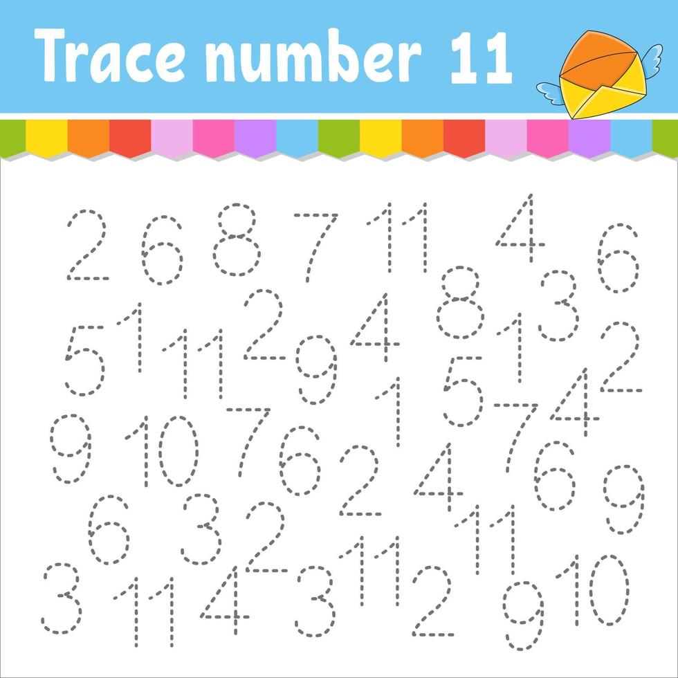 Trace number . Handwriting practice. Learning numbers for kids. Education developing worksheet. Activity page. Game for toddlers and preschoolers. Isolated vector illustration in cute cartoon style.