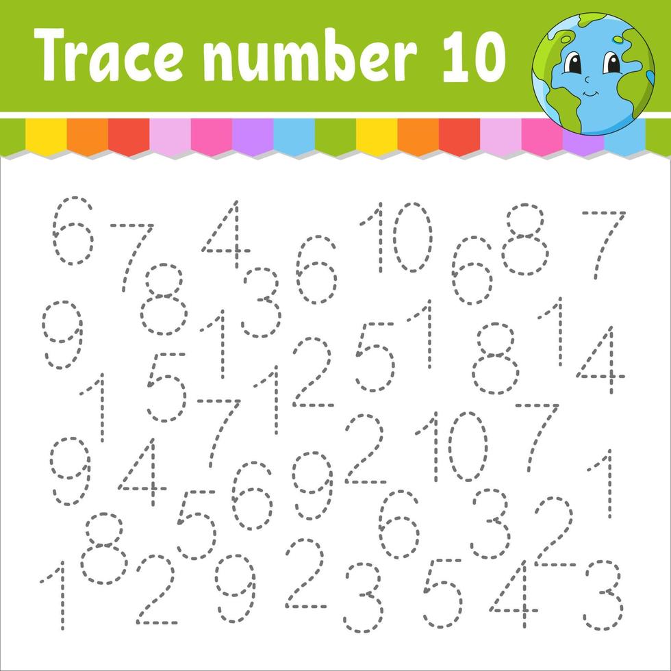 Trace number . Handwriting practice. Learning numbers for kids. Education developing worksheet. Activity page. Game for toddlers and preschoolers. Isolated vector illustration in cute cartoon style.