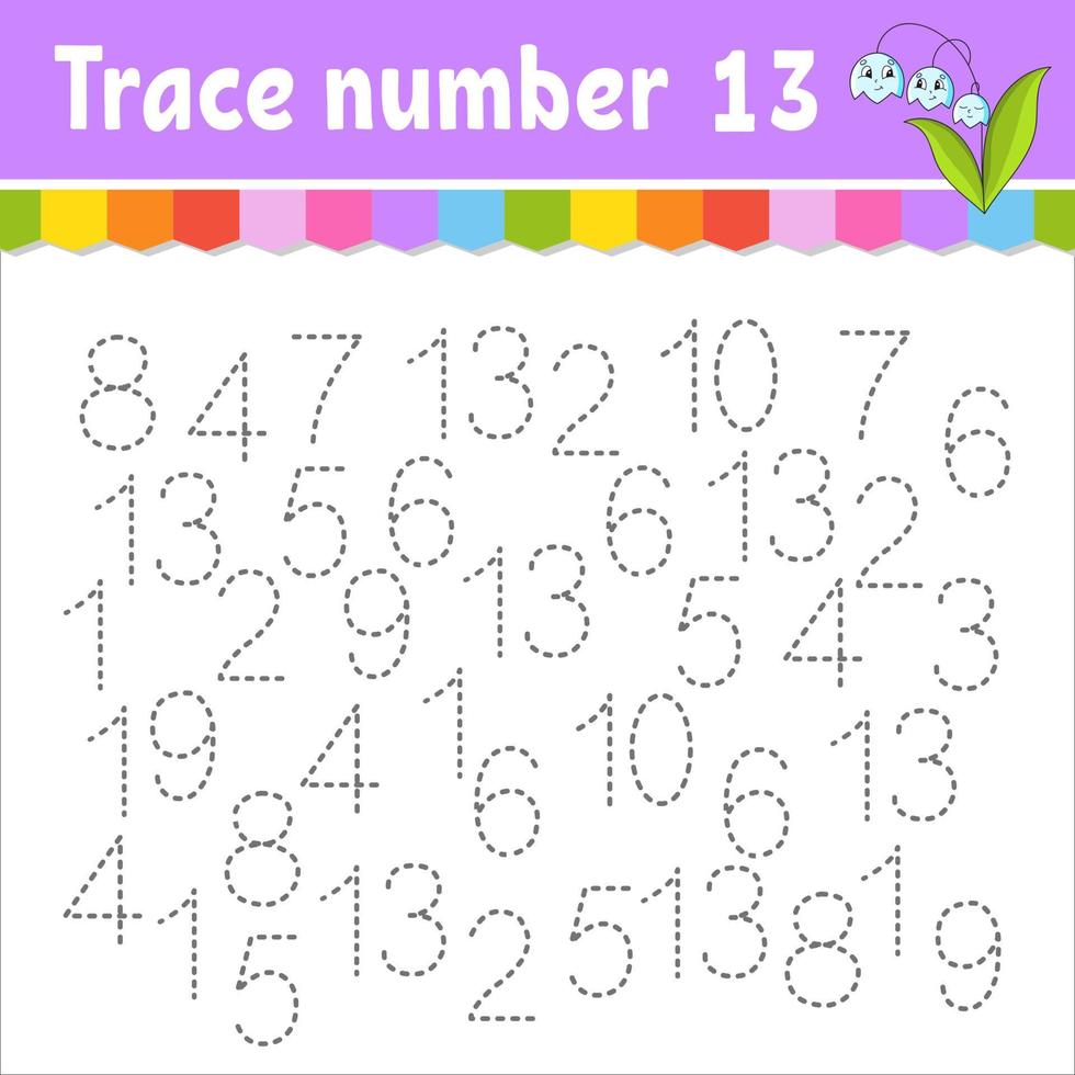 Trace number . Handwriting practice. Learning numbers for kids. Education developing worksheet. Activity page. Game for toddlers and preschoolers. Isolated vector illustration in cute cartoon style.
