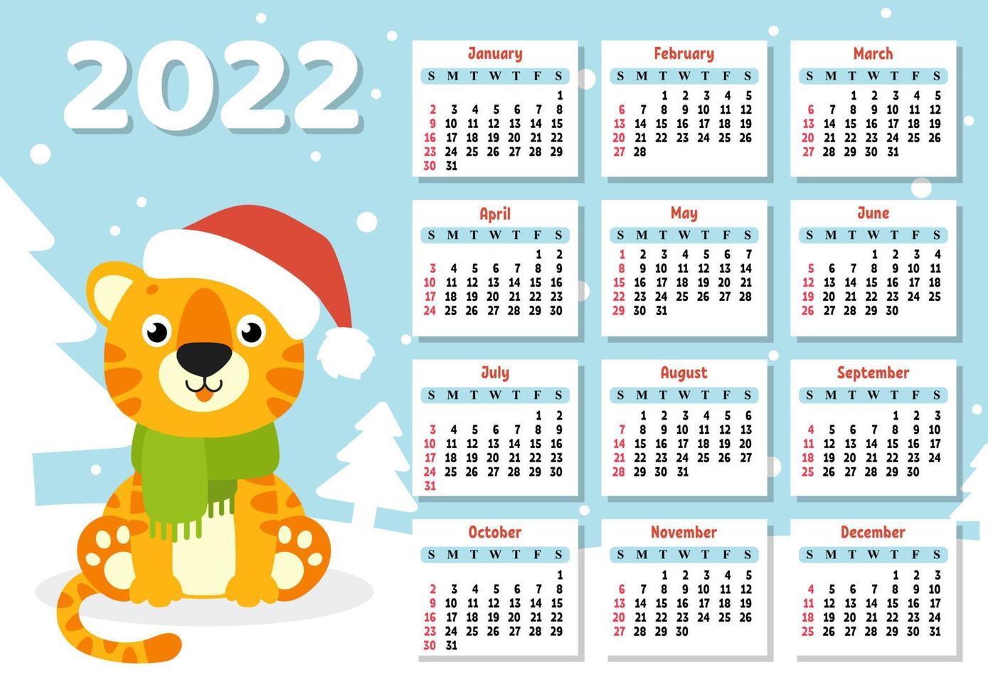 Calendar for 2022 with a cute tiger symbol of the new year. Fun and bright design. Isolated color vector illustration. cartoon style.