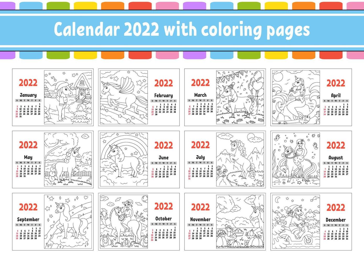 Calendar for 2022 with a cute character. Fairy unicorn. Coloring page. Fun and bright design. Isolated color vector illustration. cartoon style.