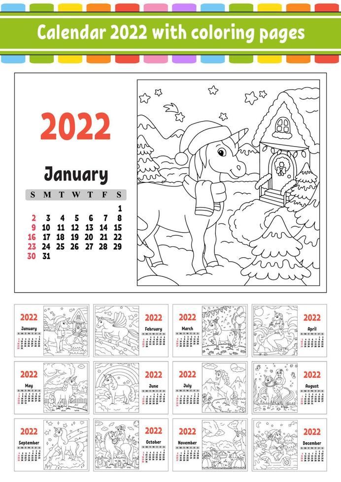 Calendar for 2022 with a cute character. Fairy unicorn. Coloring page. Fun and bright design. Isolated color vector illustration. cartoon style.