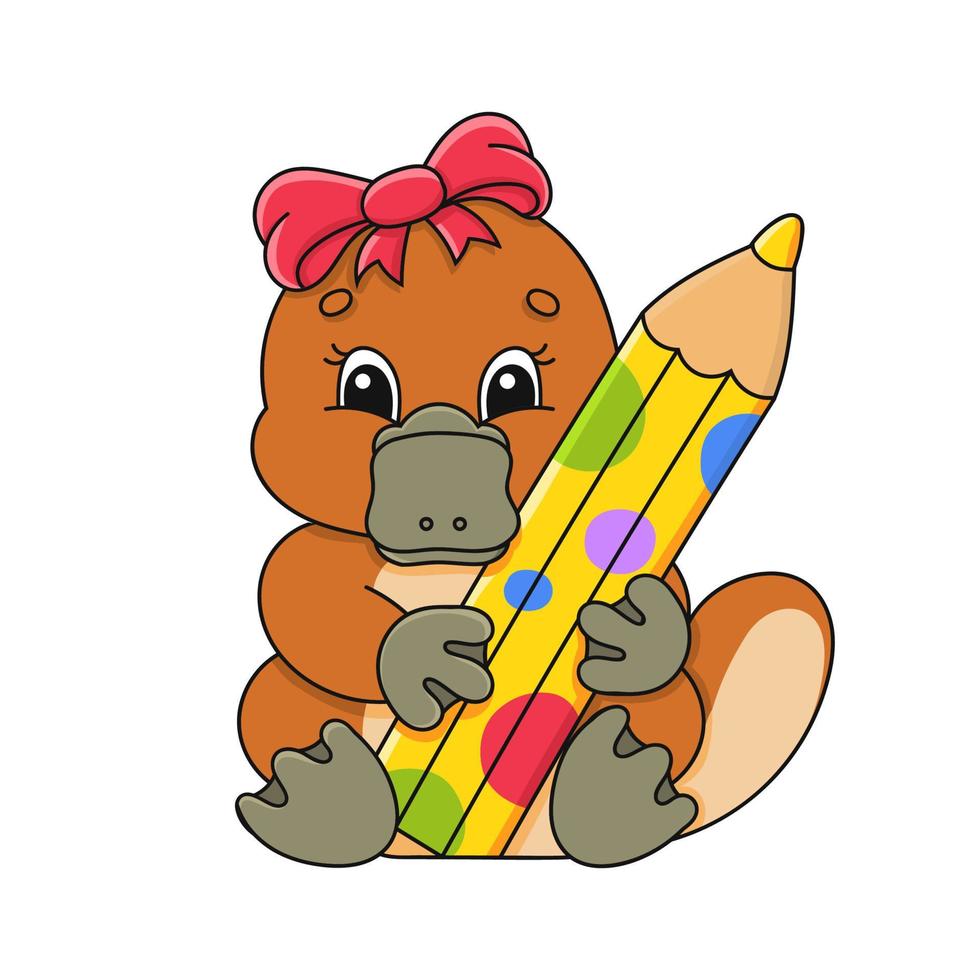 Platypus girl with pensil. Cartoon character. Colorful vector illustration. Isolated on white background. Design element. Template for your design, books, stickers, cards.