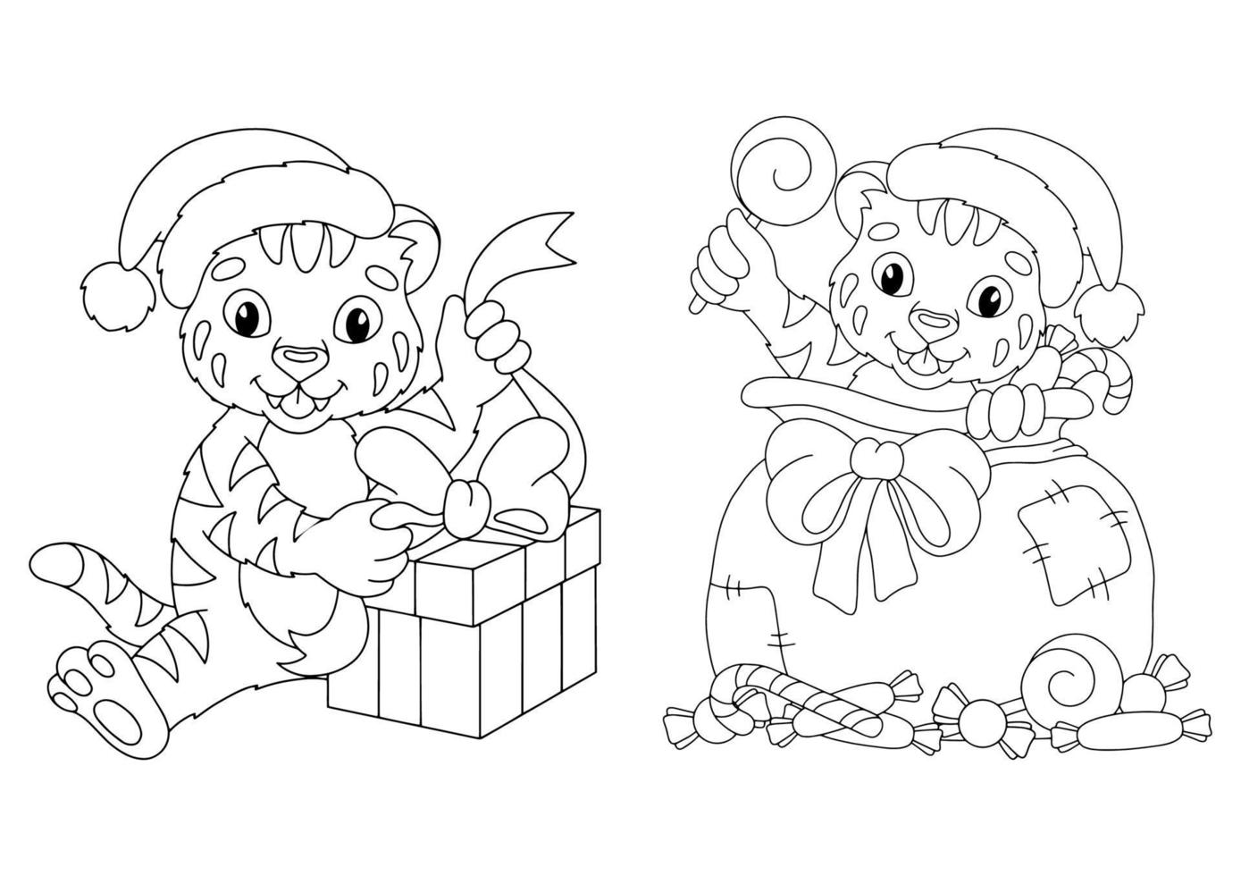 Set of cute Christmas tiger cubs with gifts. Coloring book page for kids. Cartoon style character. Vector illustration isolated on white background.