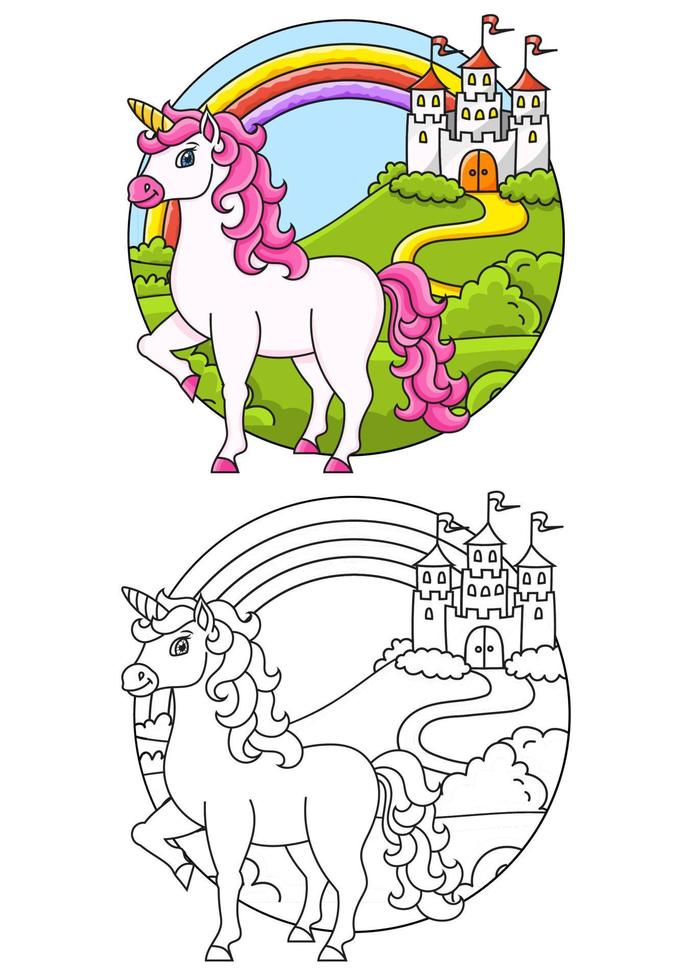 Cute unicorn. Magic fairy horse. Coloring book page for kids. Cartoon style. Vector illustration isolated on white background.