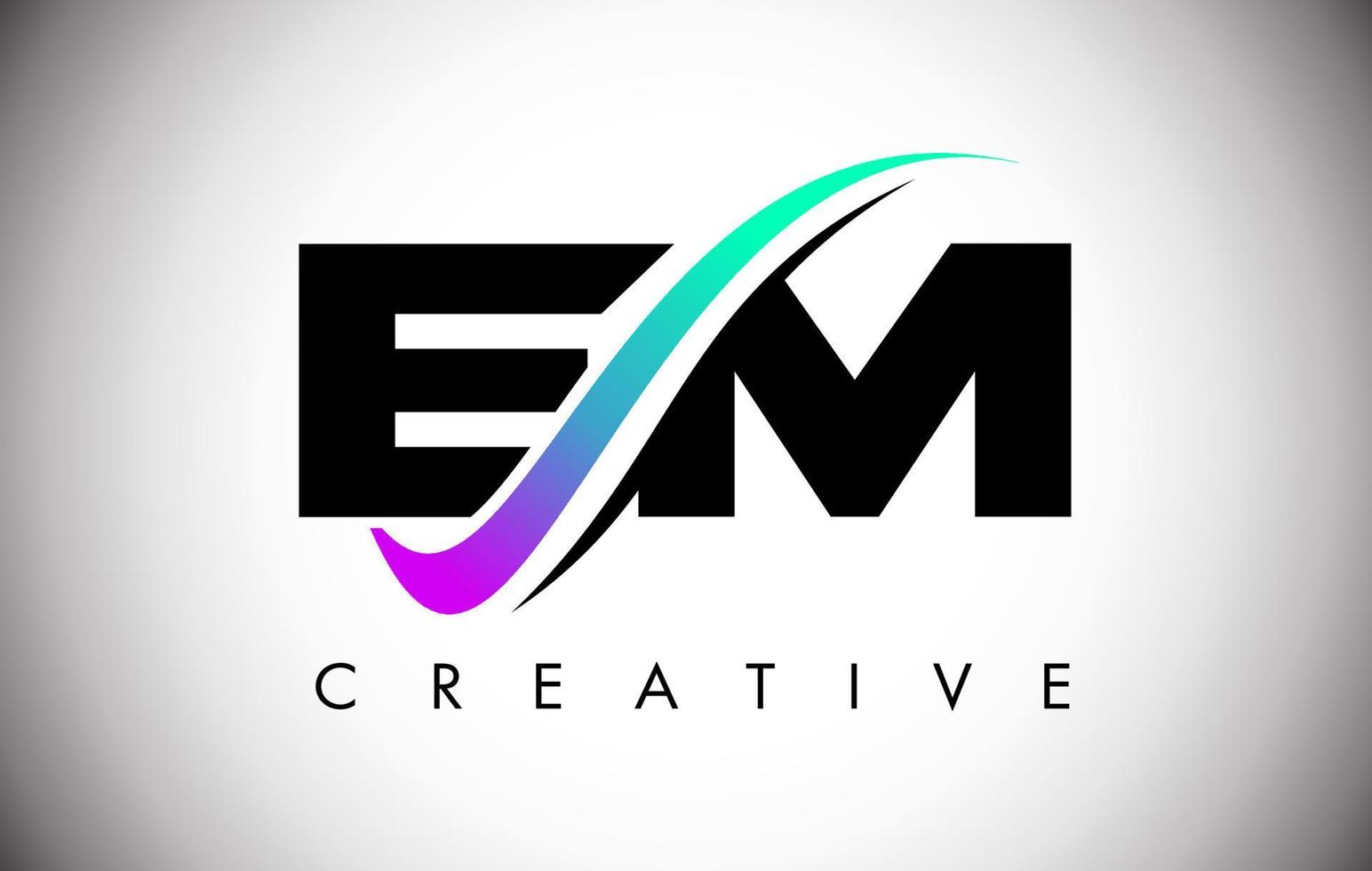 Logotipo de la letra em con una línea curva swoosh creativa y una fuente en negrita y colores vibrantes vector