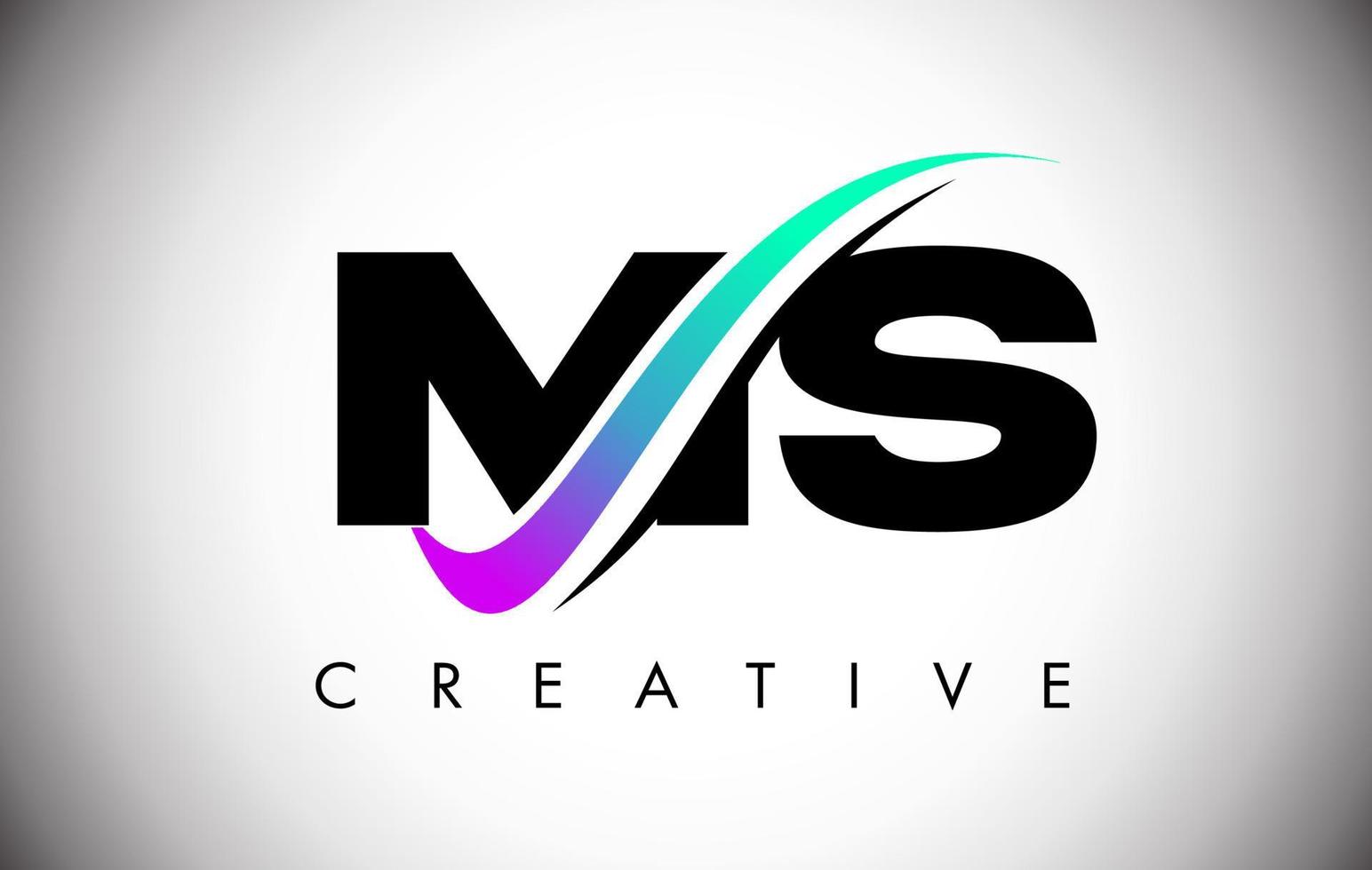 Logotipo de letra ms con línea curva swoosh creativa y fuente en negrita y colores vibrantes vector