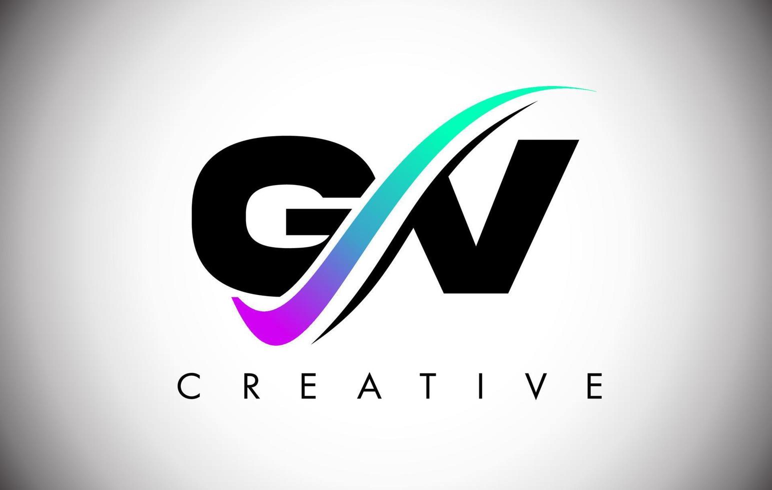 Logotipo de letra gv con línea curva swoosh creativa y fuente en negrita y colores vibrantes vector