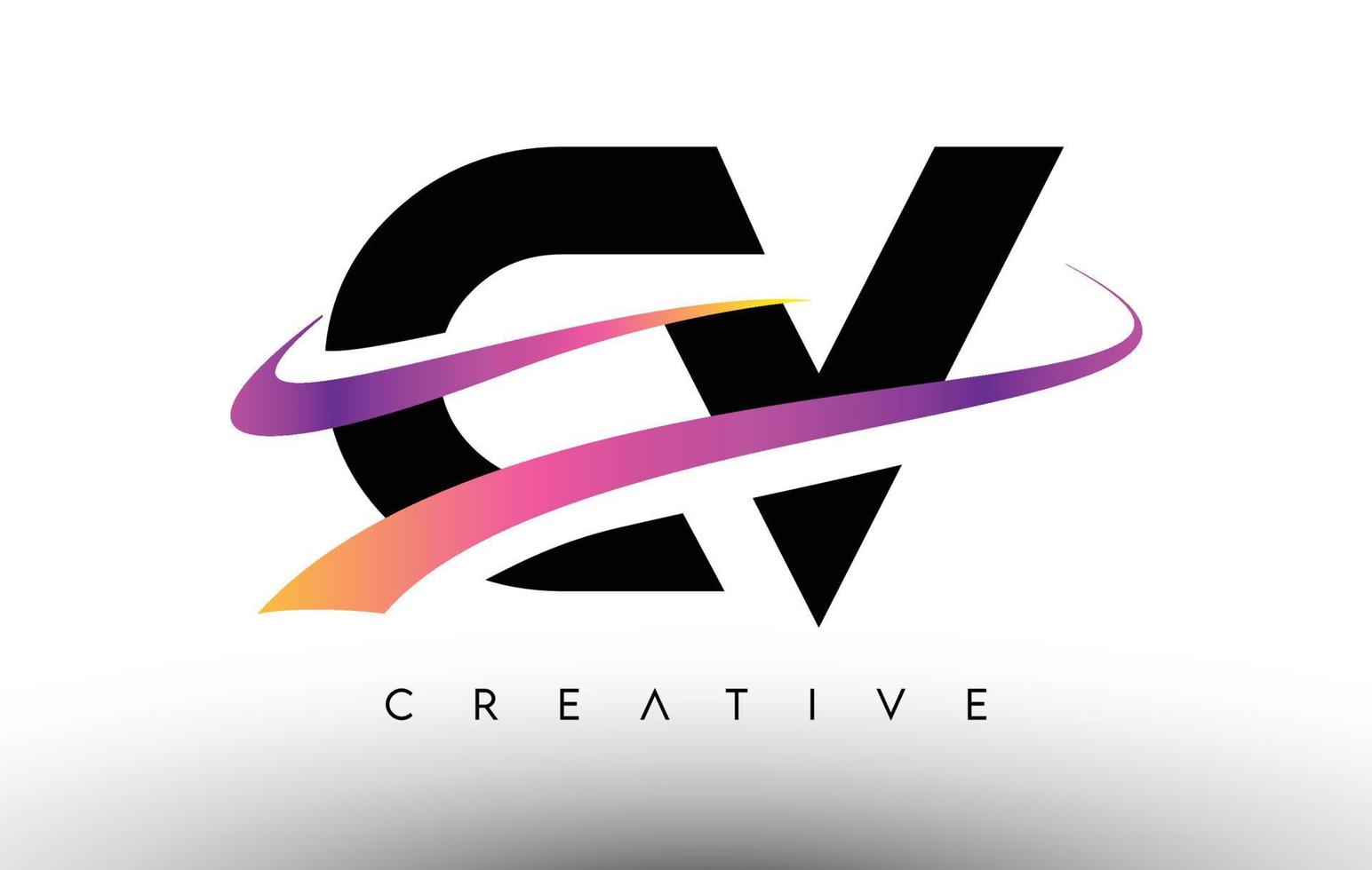 Icono de diseño de letra de logotipo cv. letras cv con coloridas líneas creativas de swoosh vector