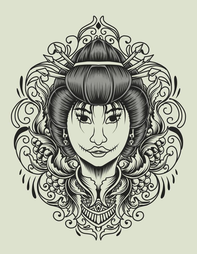 illustration baddass geisha woman with engraving ornament vector