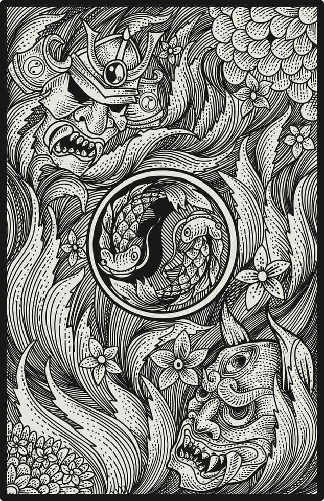 illustration vector hand draw japanese samurai and oni mask on engraving pattern art