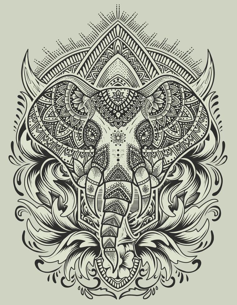 ilustración, vector, cabeza de elefante, con, mandala, ornamento, estilo vector