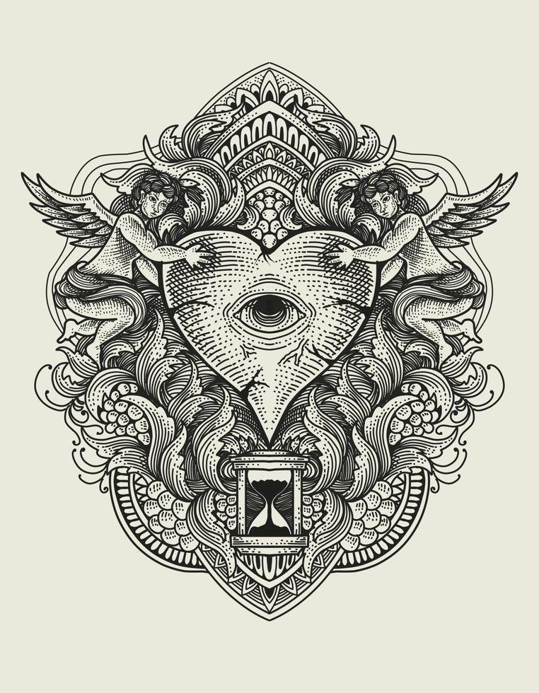 illustration vector heart eyes with engraving ornament
