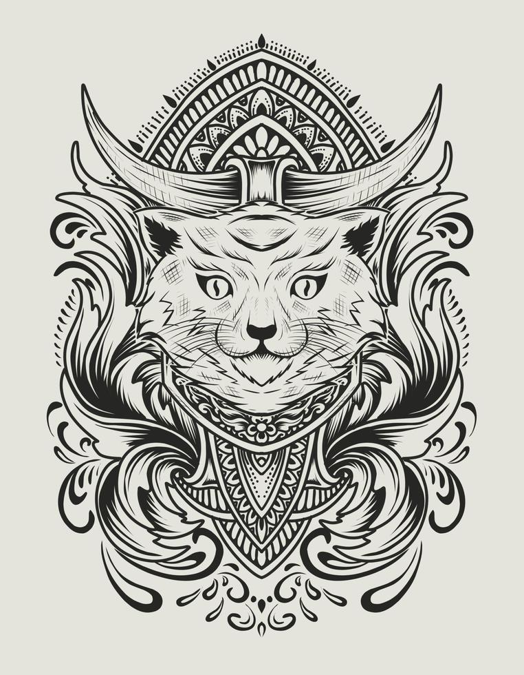 Illustration vector cat head with vintage engraving ornament