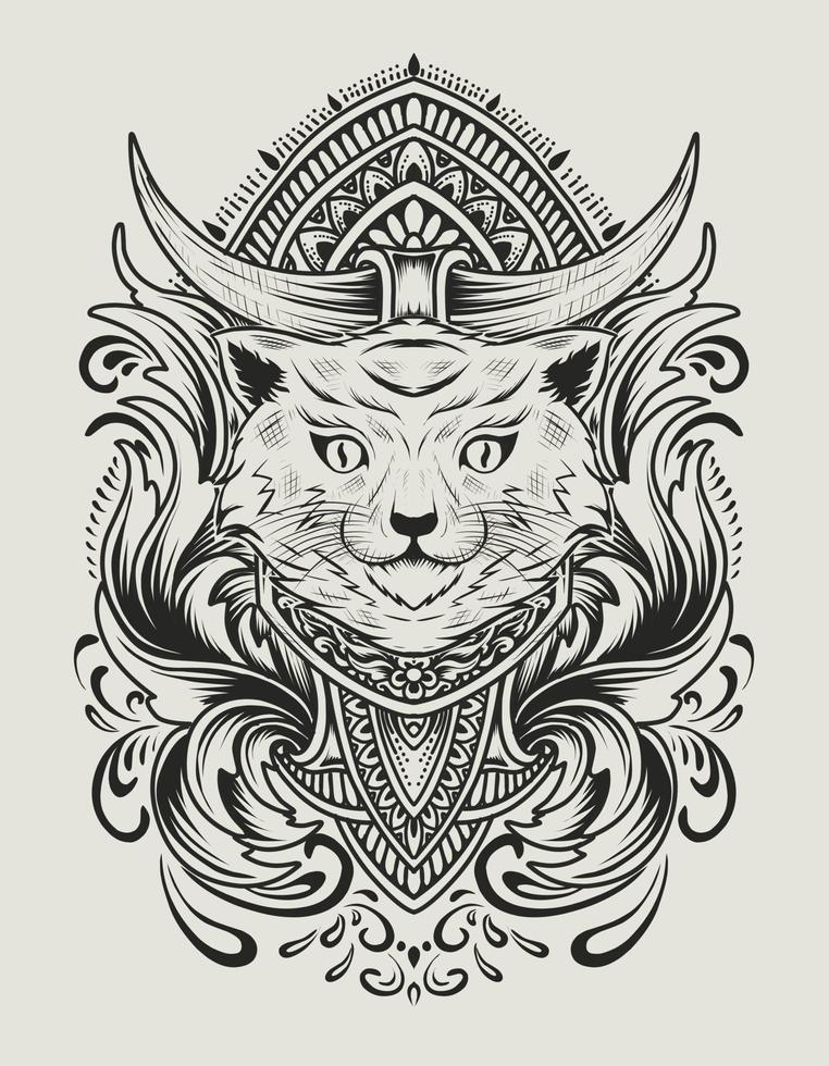 Illustration vector cat head with vintage engraving ornament