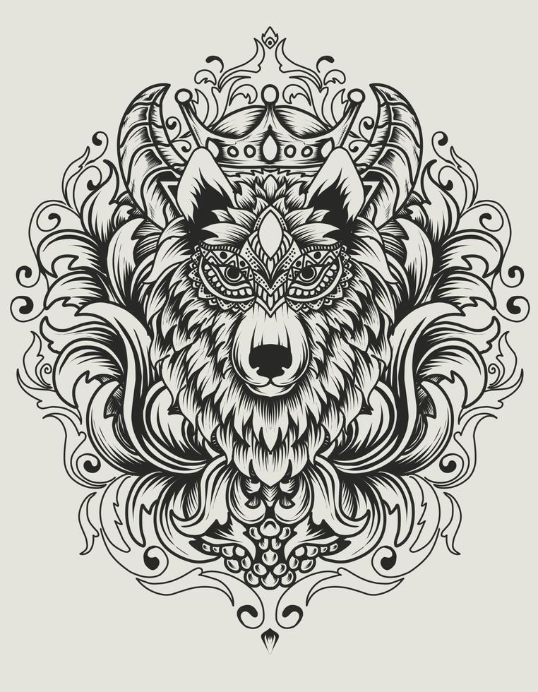 Illustration vector wolf head with vintage engraving ornament