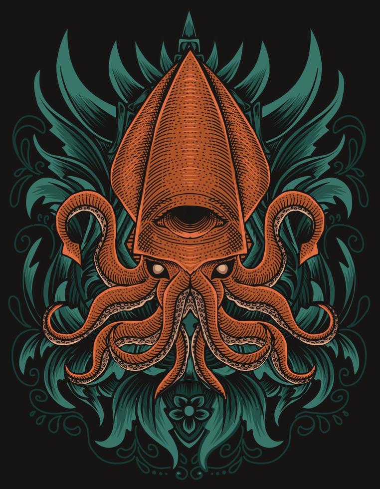 illustration vector squid with engraving ornament