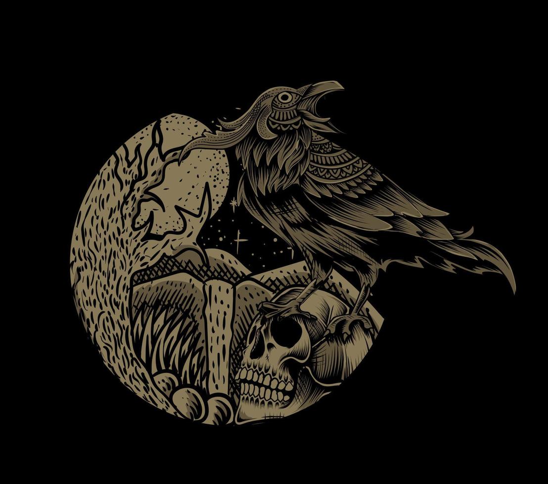 Ilustración vectorial pájaro cuervo oscuro con calavera vector