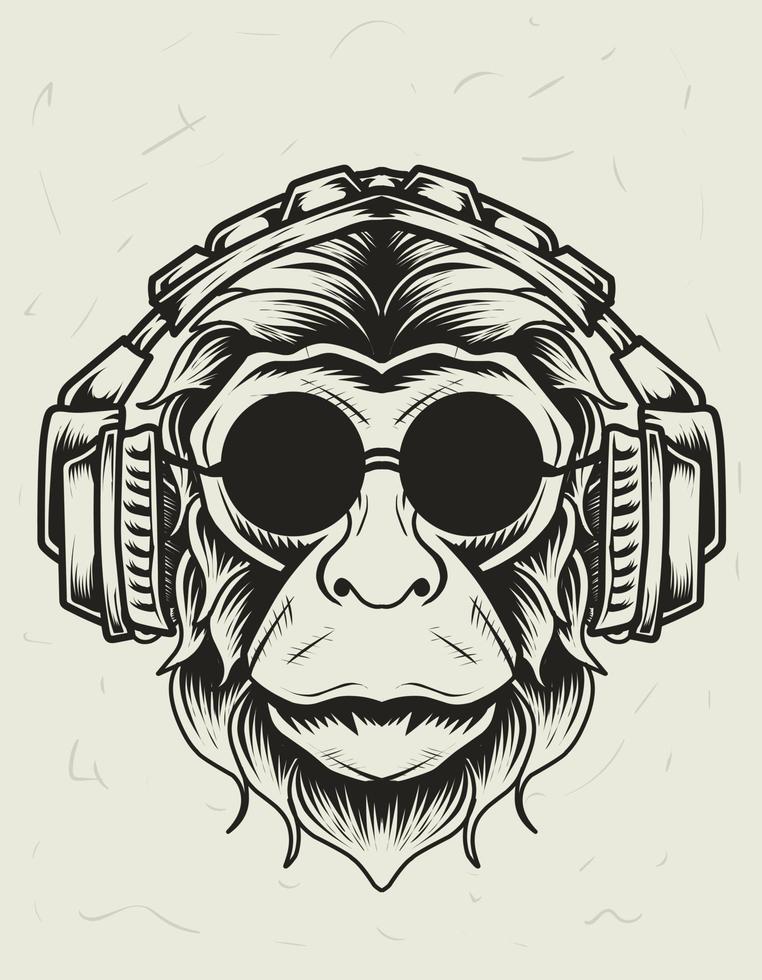 Ilustración vectorial cabeza de mono auriculares estilo monocromo vector