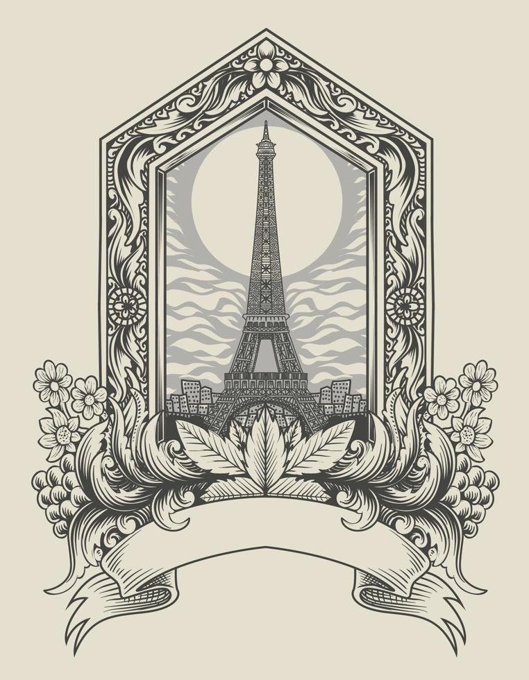 Basic RGBIllustration vector Eiffel tower building's with vintage engraving ornament