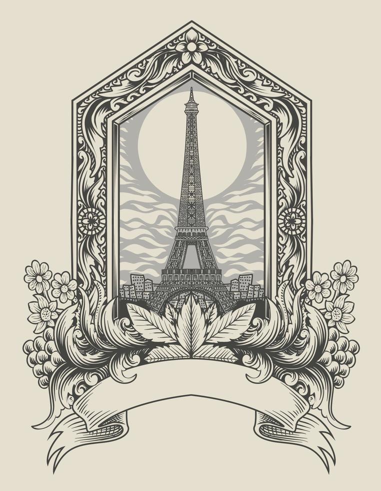 rgbillustration básico vector edificio de la torre eiffel con adorno grabado vintage