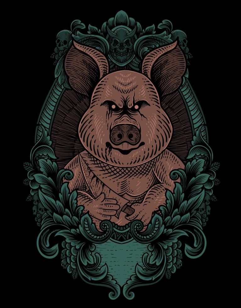 illustration vintage psychopath pig with engraving style vector