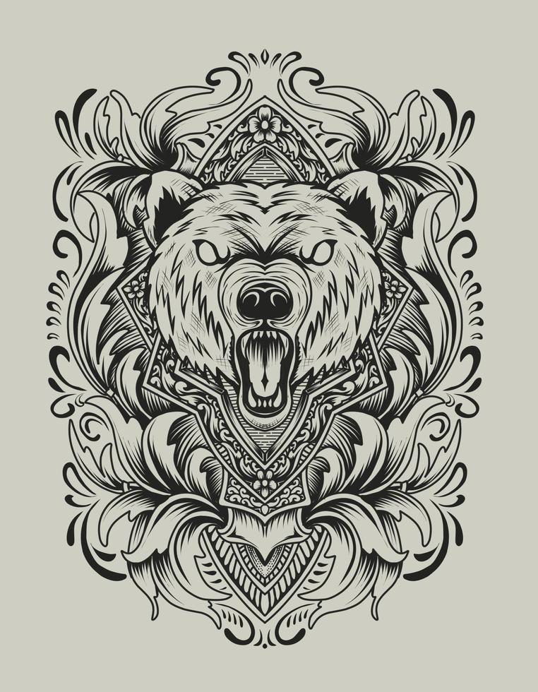 ilustración, vector, enojado, cabeza de oso, con, vendimia, grabado, ornamento vector