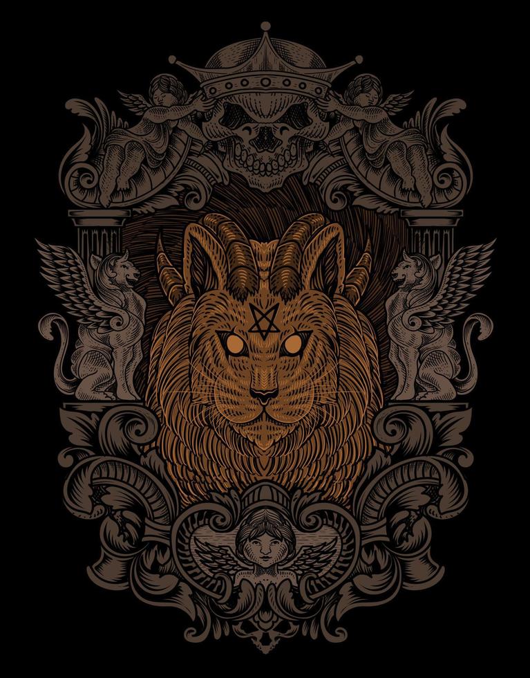 illustration vintage demon cat with engraving style vector