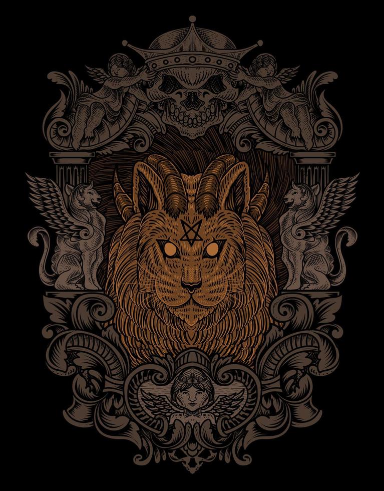 illustration vintage demon cat with engraving style vector