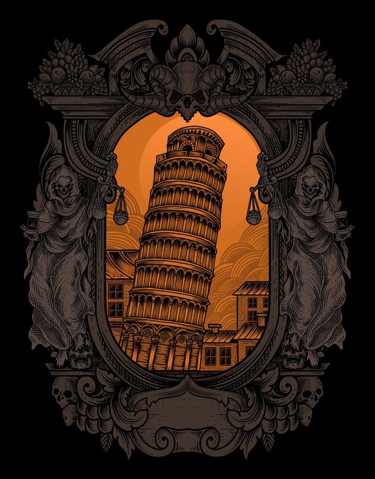 Ilustración de la torre de Pisa vintage con estilo de grabado vector