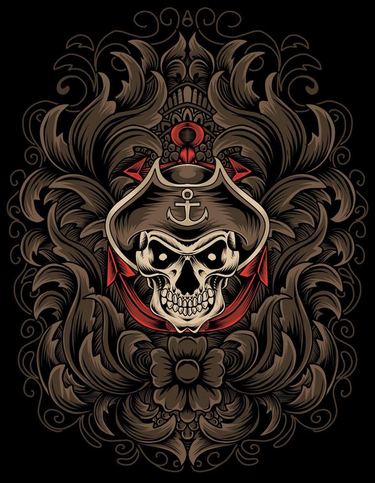 illustration vector captain skull pirate with engraving ornament