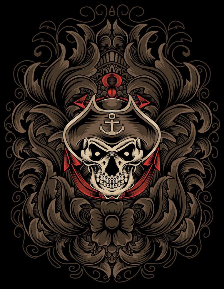 illustration vector captain skull pirate with engraving ornament