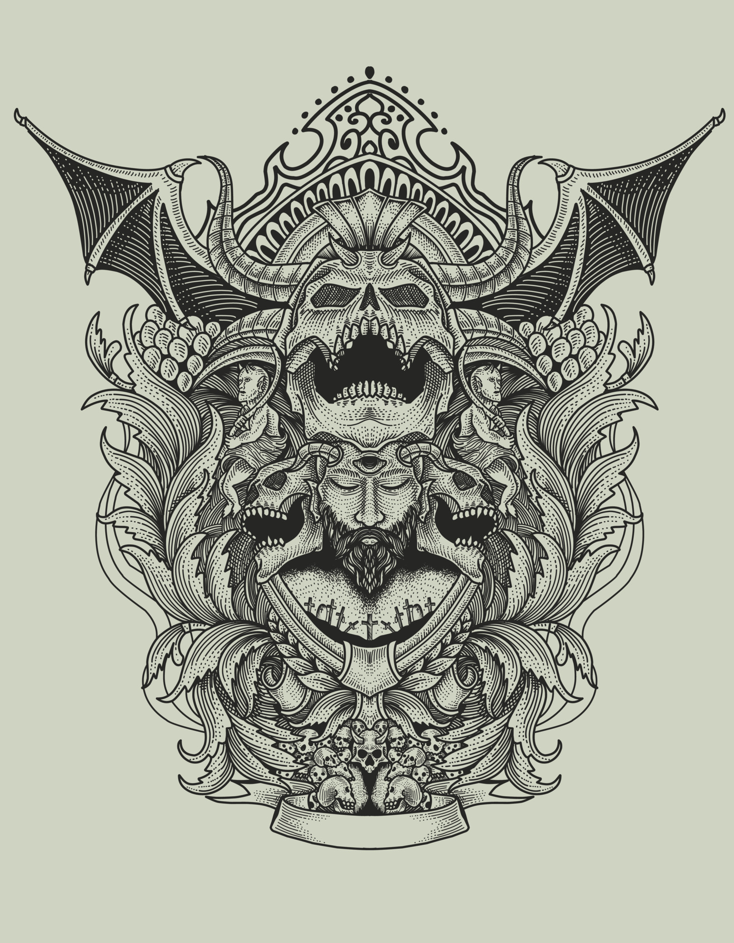 Demon skull with antique engraving pattern-vector illustration 4679987