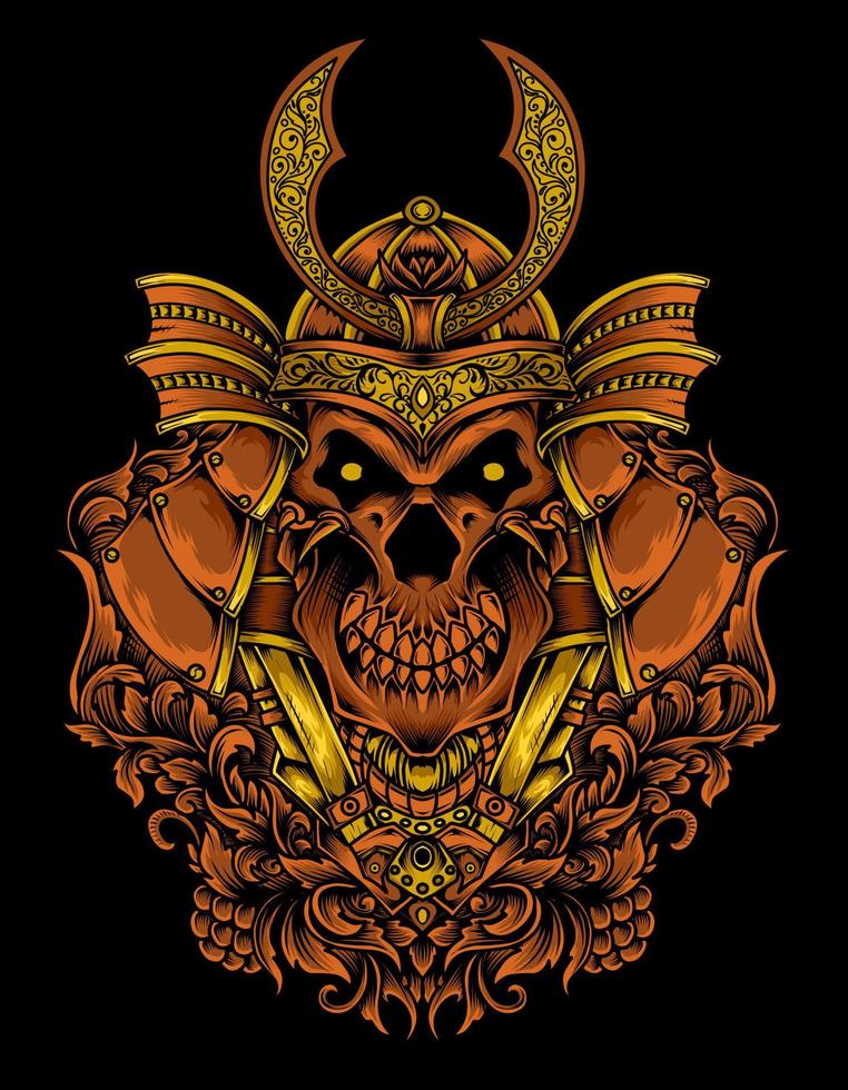 illustration vector samurai skull head with engraving ornament