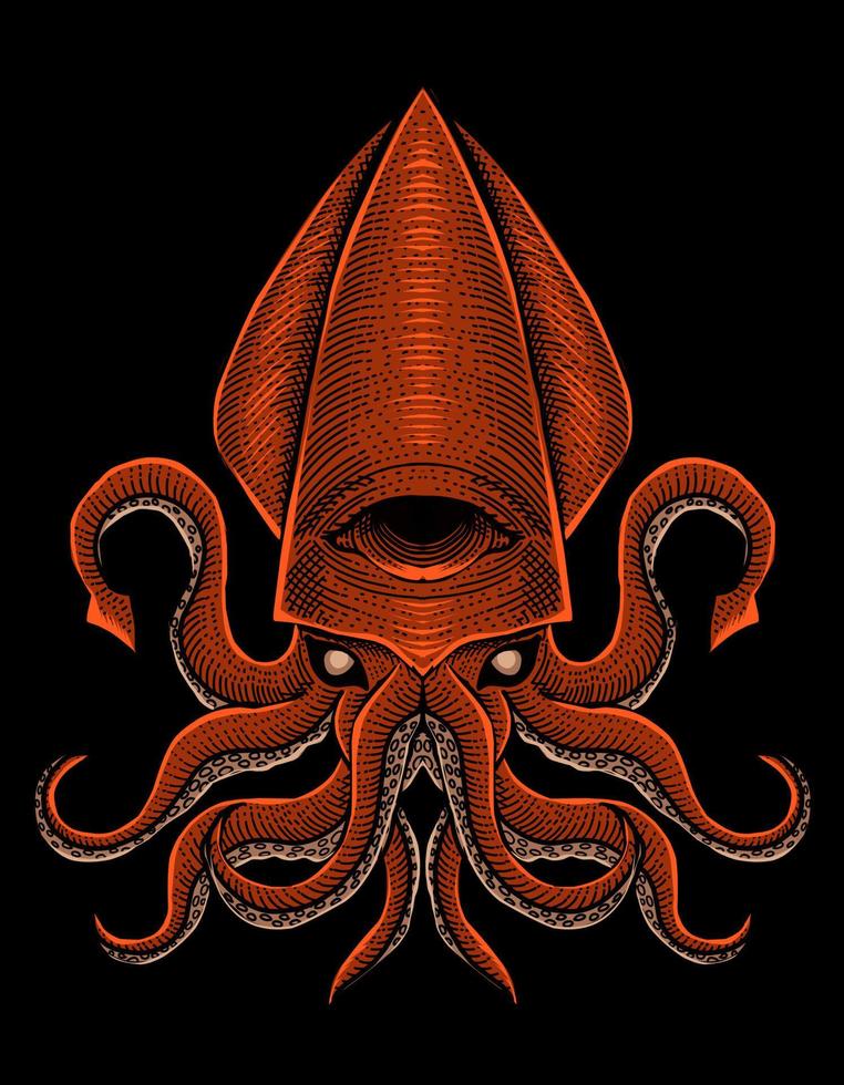 illustration vector squid engraving style with illuminati eyes