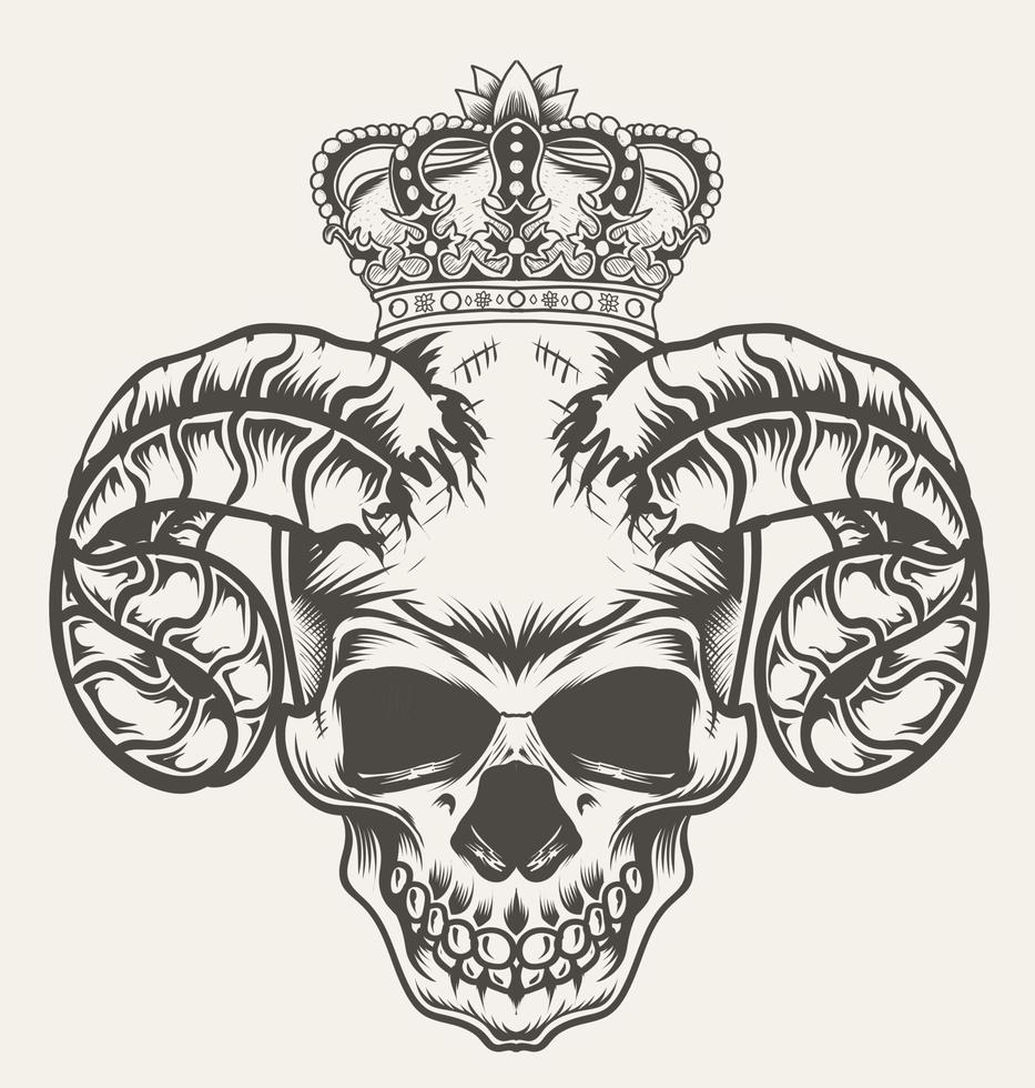 ilustración, vector, demonio, cráneo, cabeza, con, corona vector