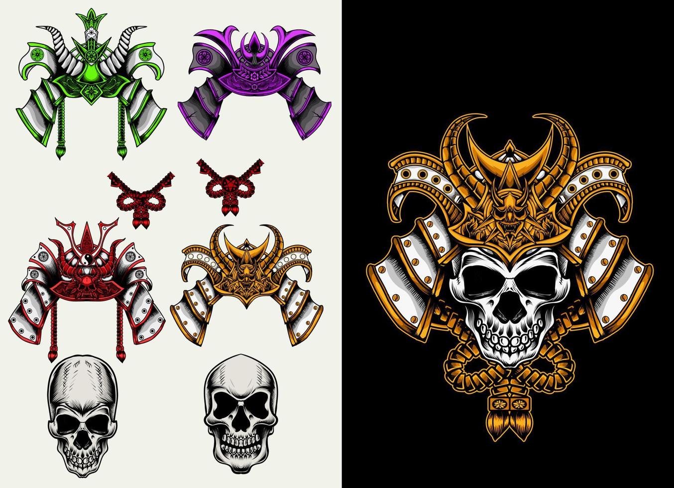 illustration vector set samurai skull helmet