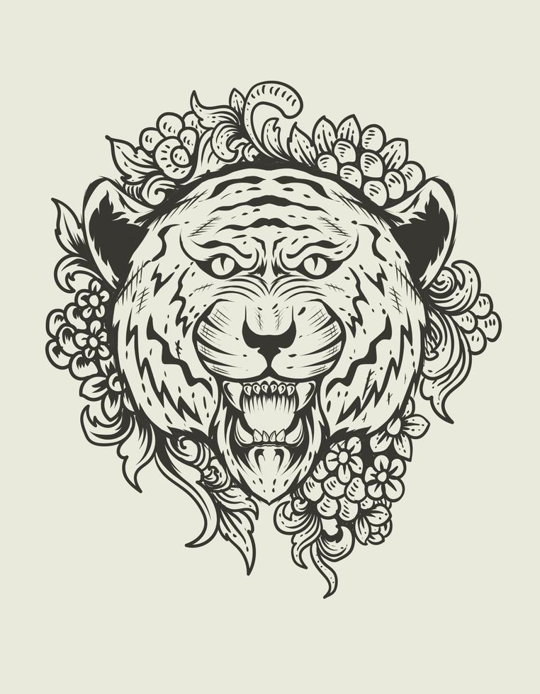 ilustración, vector, monocromo, cabeza de tigre, con, ornamento vector