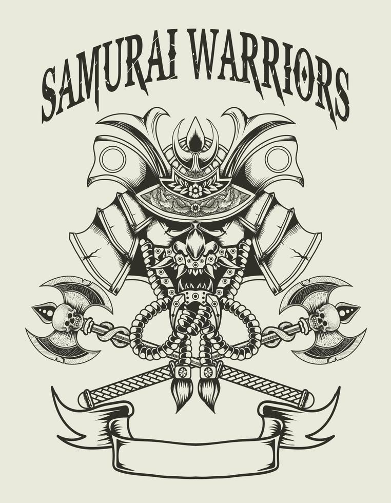 ilustración, vector, samurai, cabeza, monocromo, estilo vector