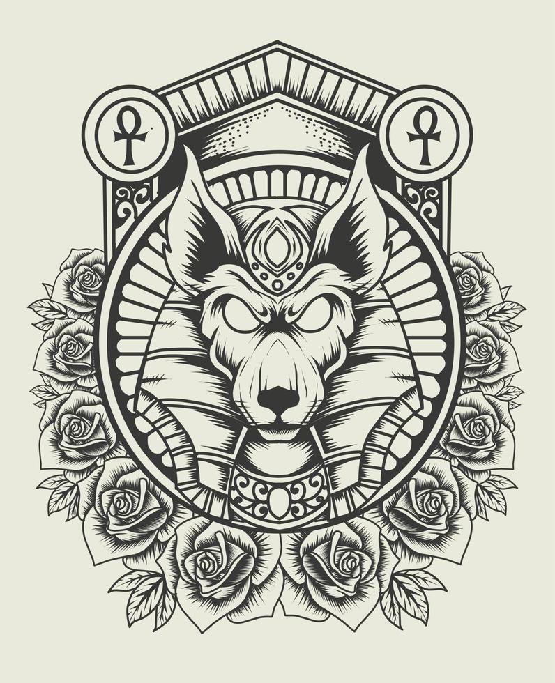 ilustración, vector, antiguo, egipto, anubis, dios, con, vendimia, rosa, ornamento vector