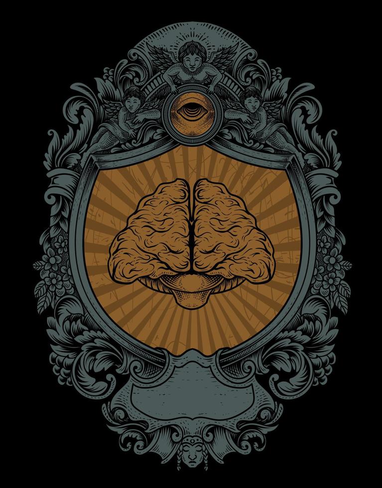 illustration antique brain with engraving style vector