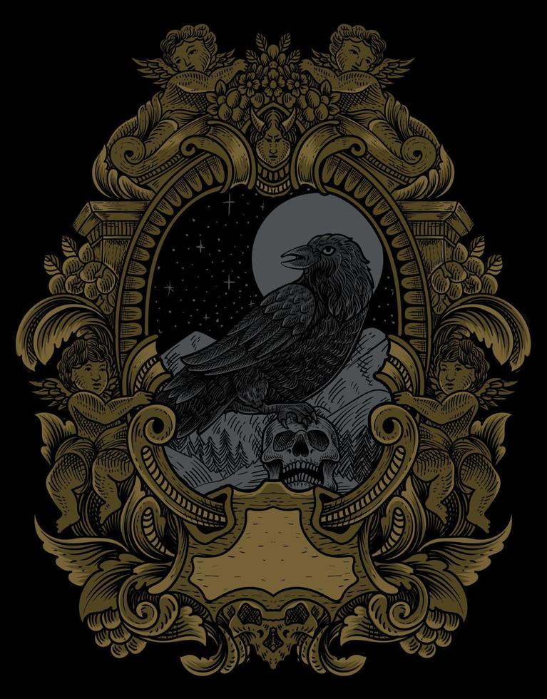 illustration vintage scary crow with engraving style vector