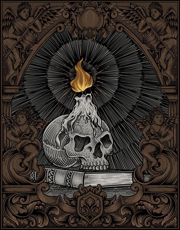 illustration vintage skull candle with engraving style vector