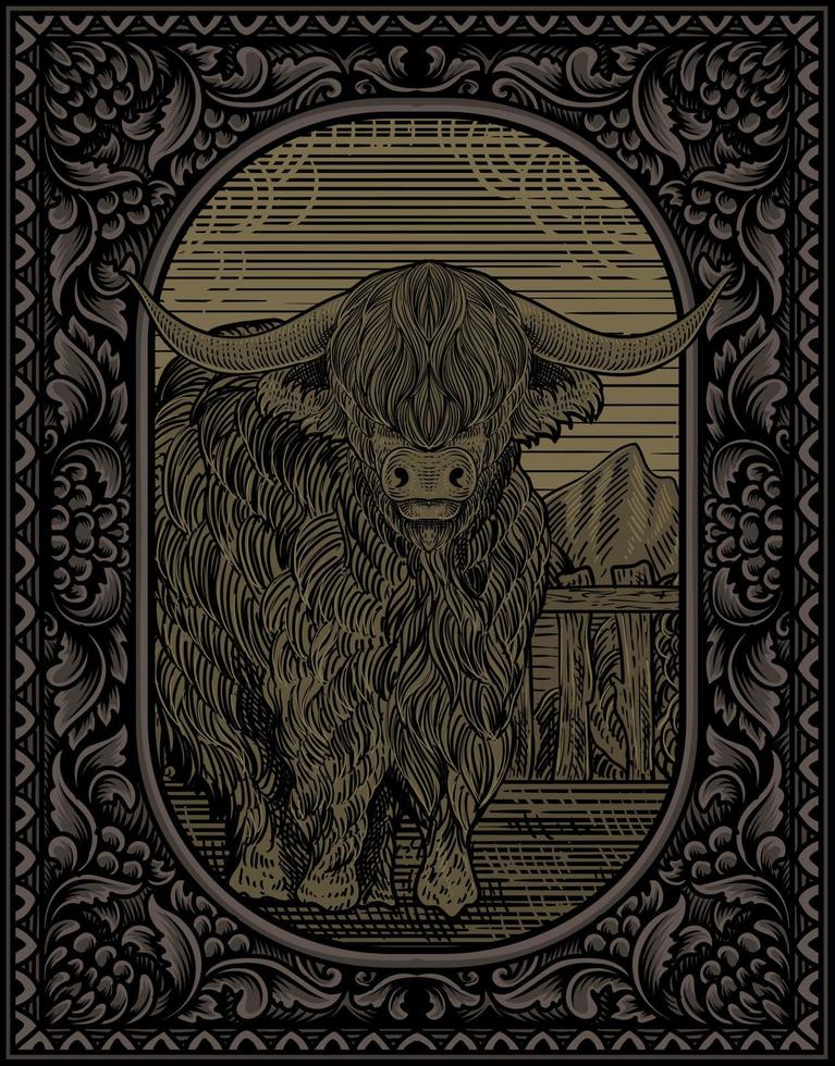 illustration vintage bull with engraving style vector