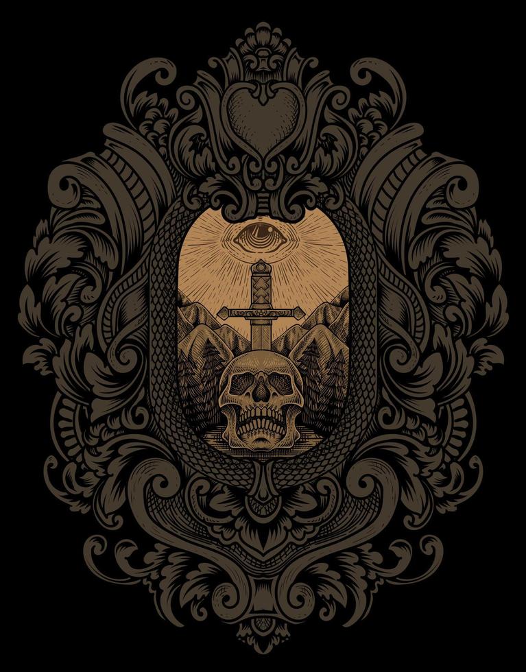 illustration antique skull sword with dark eyes engraving style vector