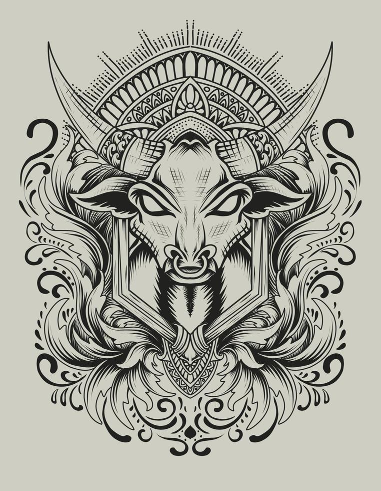 Illustration vector bull head with engraving ornament style