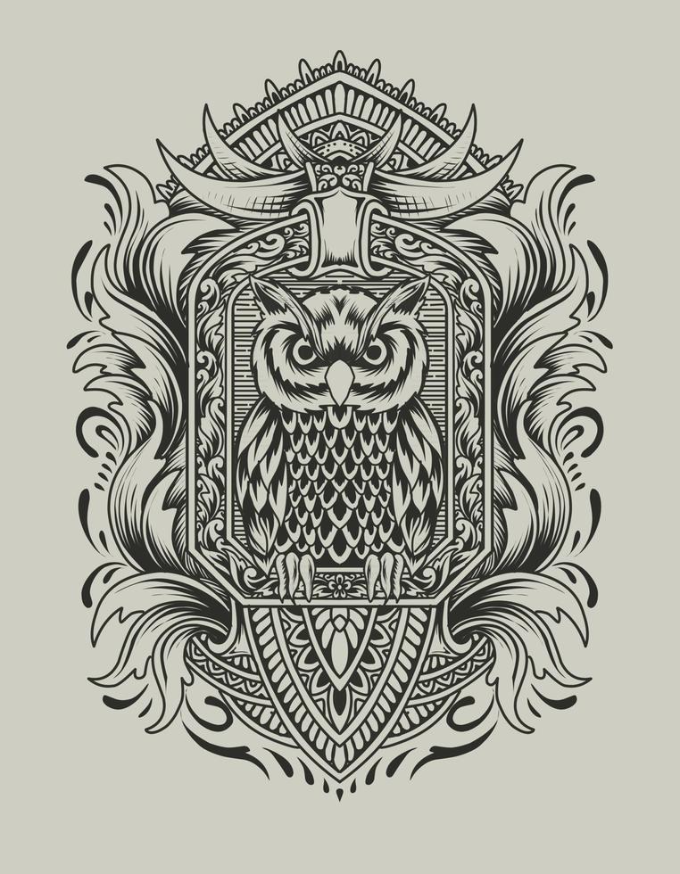 Illustration vector Owl bird with vintage engraving ornament